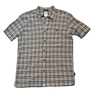 Patagonia Mens Short Sleeve Button Up Shirt Blue Gray Plaid 100% Organic Cotton